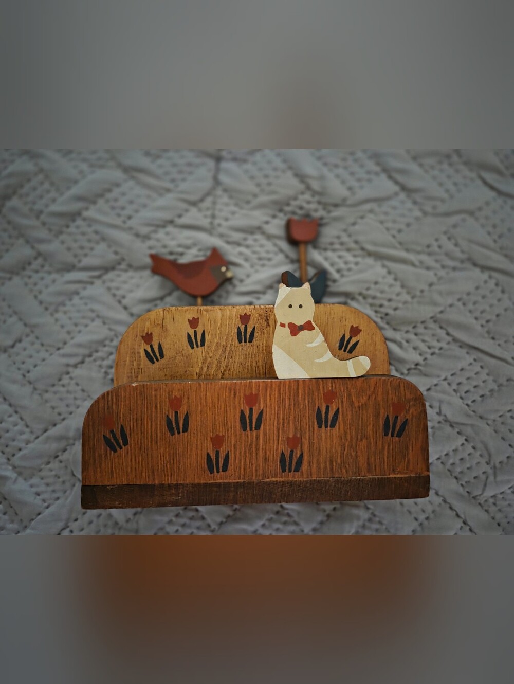 Vintage Wooden Cat & Bird Cottagecore Napkin Holder